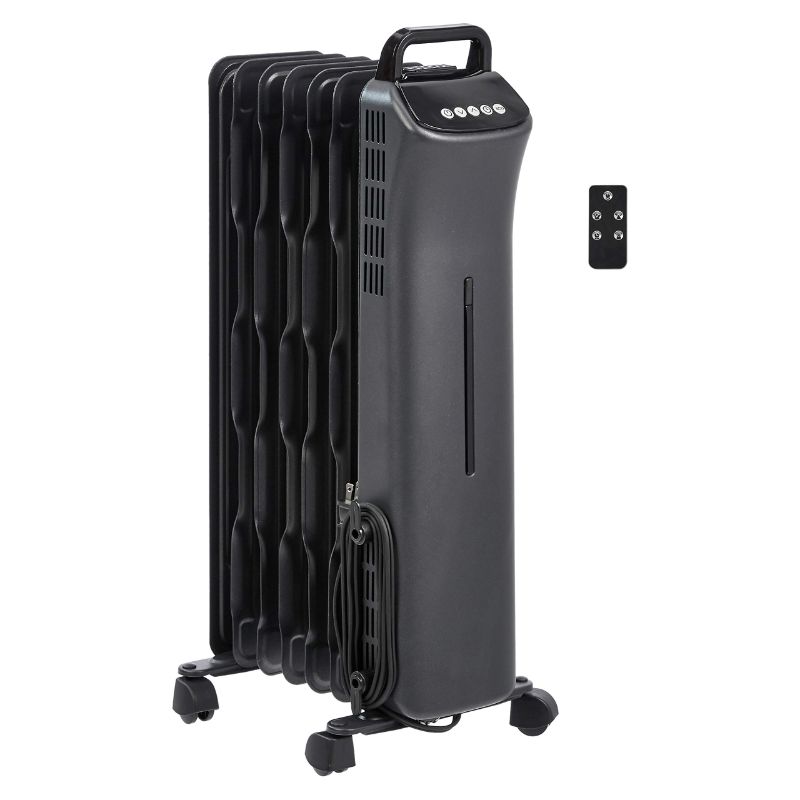 Photo 1 of AMAZON BASICS PORTABLE DIGITAL RADIATOR HEATER WITH 7 WAVY FINS AND REMOTE CONTROL, BLACK, 1500W DIGITAL CONTROL
