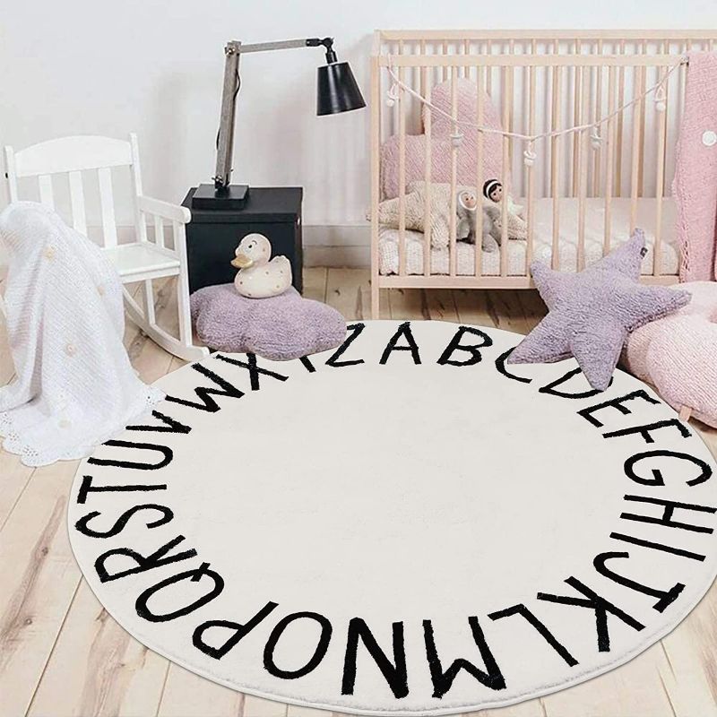 Photo 1 of  4ft Round Kids ABC Rug Alphabet Nursery Rug for Bedroom Playroom Non Slip Educational Playmat Round Circle Carpet for Classroom Infant Toddlers,Milk White
