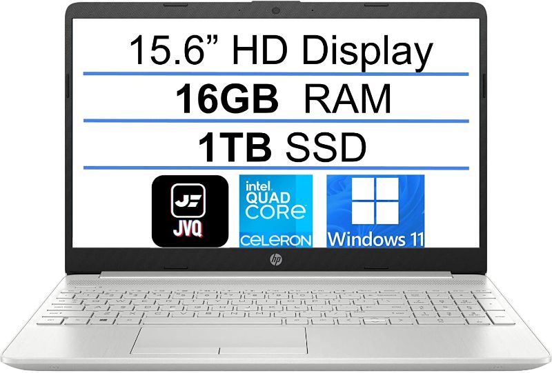 Photo 1 of **STUCK IN RECOVERY MODE**2022 Newest HP 15.6" HD Laptop Computer, Intel Celeron Quad-Core N4120(up to 2.6GHz), 16GB DDR4 RAM, 1TB SSD, HDMI, Bluetooth, Webcam, USB-C, RJ45 Ethernet, Windows 11S, Silver, JVQ Mousepad
