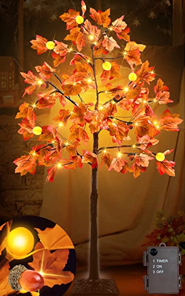 Photo 1 of 4Ft Lighted Thanksgiving Maple Tree Decorations, 60 LED Lights with 120 Maple Leaves & 6 Pumpkins & 6 Acorns & Timer Artificial Tree Fall Thanksgiving Decor Home Party Indoor Outdoor Autumn
