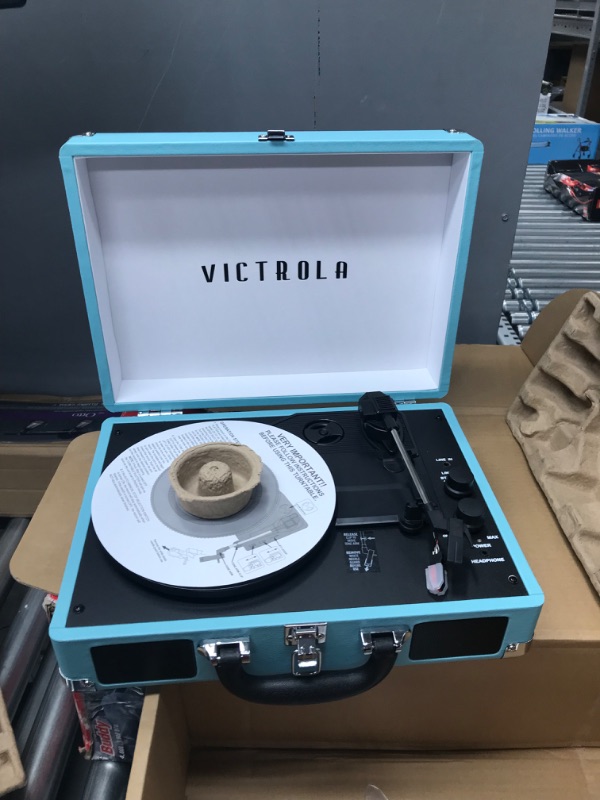 Photo 2 of Victrola Vintage 3-Speed Bluetooth Portable Suitcase Record Player with Built-in Speakers | Upgraded Turntable Audio Sound| Includes Extra Stylus | Turquoise, Model Number: VSC-550BT
