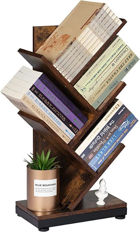 Photo 1 of  4-Shelf Tree Bookshelf, 24-Inch Retro Floor Standing Bookcase Display for CDs/Magazine/Books, Small Bookshelf for Bedroom, Living Room, Office,Balcony, Brown Storage Shelves DESK51A
