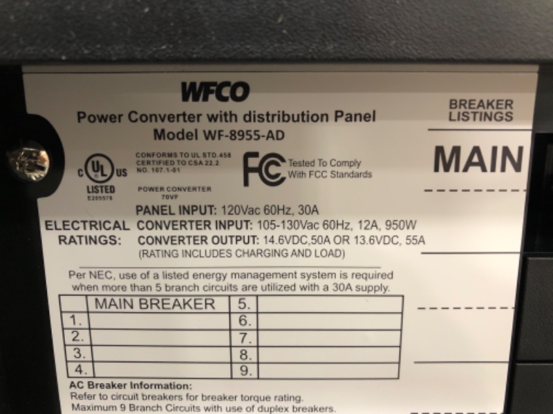 Photo 3 of WFCO Arterra WF-8955-AD Converter/Charger with Distribution Center for 30 Amp AC Service - 55 Amp DC Output w/ 11 Circuits, Black Updated