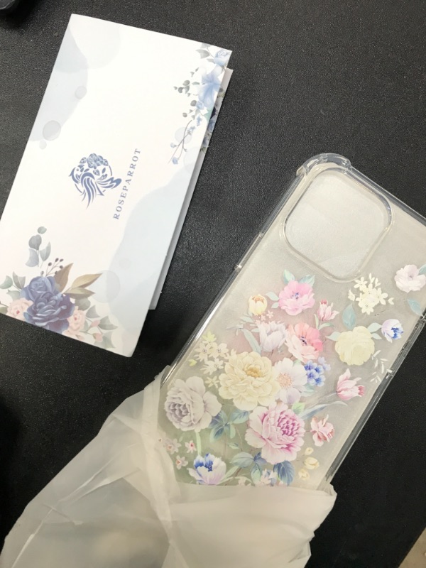 Photo 1 of [5-in-1] RoseParrot iPhone 13 Pro Case with Screen Protector + Ring Holder + Waterproof Pouch, Clear with Floral Pattern Design.