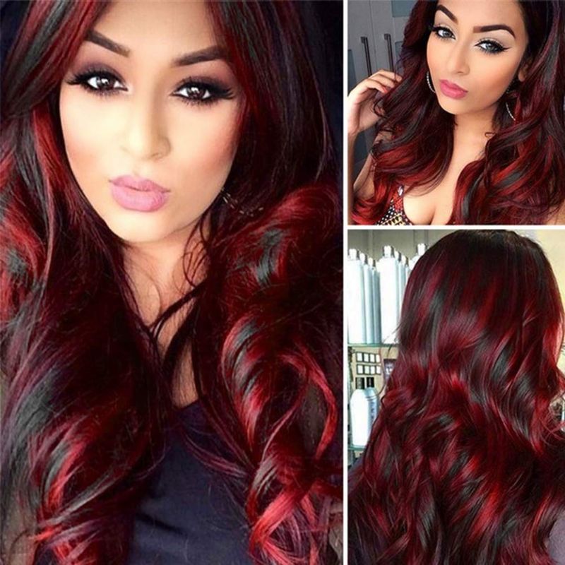 Photo 1 of Sallcks Black Red Wig for Women Long Wavy Wig Highlights Layered Silky Middle Part 2 Tone Synthetic Cosplay Costume Wigs
