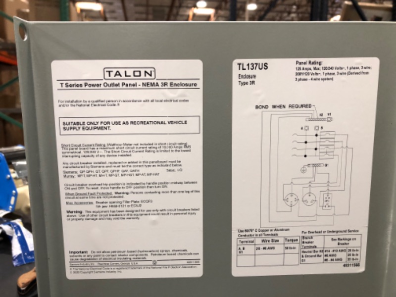 Photo 3 of Siemens TL137US Talon Temporary Power Outlet Panel with a 20, 30, and 50-Amp Receptacle Installed, Unmetered