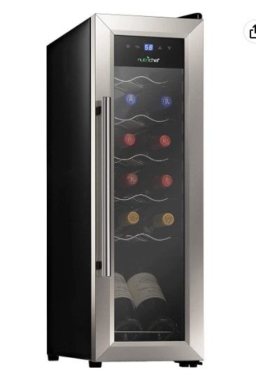 Photo 1 of NutriChef PKCWC12 12 Bottle Cooler Refrigerator White and Red Countertop Chiller, Freestanding Compact Mini Wine Fridge with Digital Control, Stainless Steel
