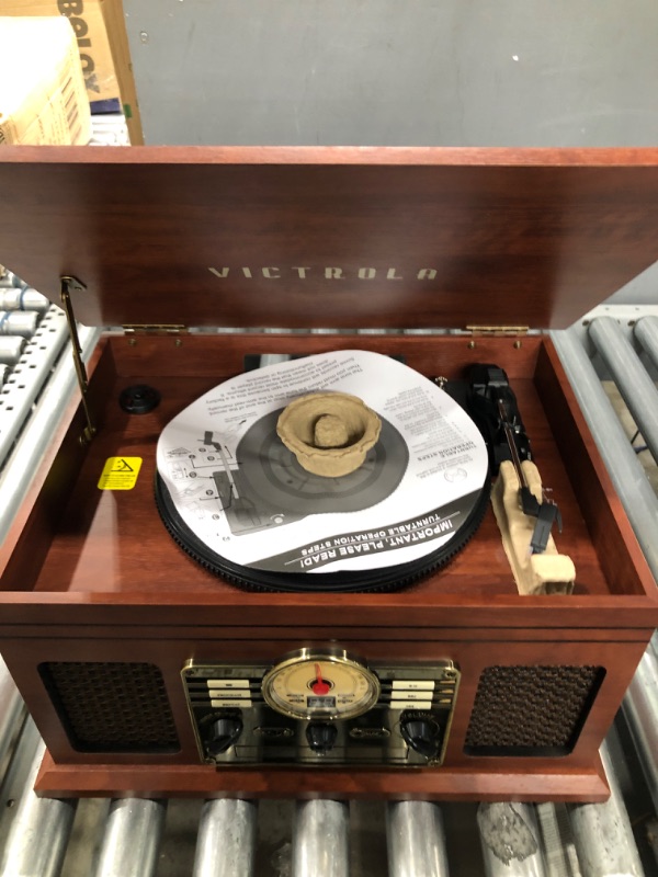 Photo 2 of Victrola Nostalgic 6-in-1 Bluetooth Record Player & Multimedia Center with Built-in Speakers - 3-Speed Turntable, CD & Cassette Player, FM Radio | Wireless Music Streaming | Mahogany Mahogany Entertainment Center