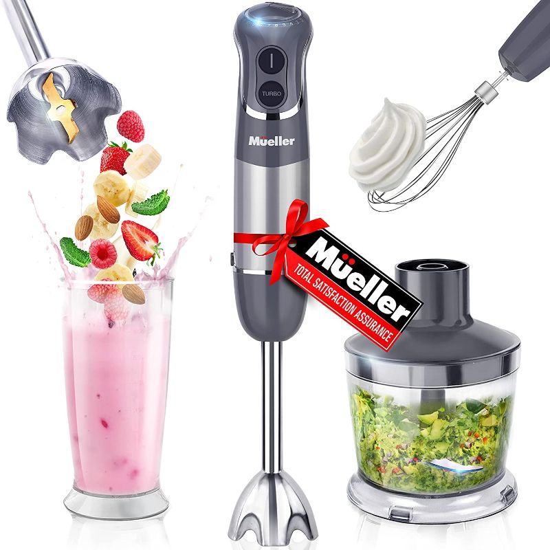 Photo 1 of Mueller Smart Stick 800W, 12 Speed and Turbo Mode, 3-in-1, Heaviest Duty Copper Motor Immersion Blender, Titanium Steel Blades Hand Blender, Comfygrip Handle, Whisk, Beaker/Measuring Cup
