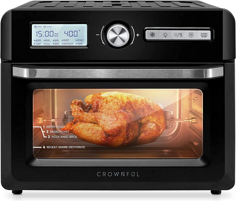 Photo 1 of *Minor Damage-See Photos/Tested* CROWNFUL 19 Quart Air Fryer Toaster Oven, Convection Roaster with Rotisserie & Dehydrator, 10-in-1 Countertop Oven, Original Recipe and 8 Accessories Included, UL Listed (Black)
