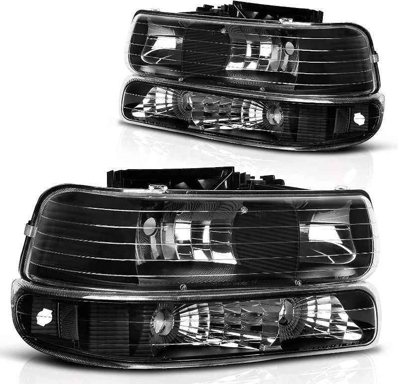 Photo 1 of DWVO Headlight Assembly Compatible with 1999-2002 Chevy Silverado / 2000-2006 Chevrolet Tahoe Suburban with Bumper Lights Clear Reflector Black Housing
