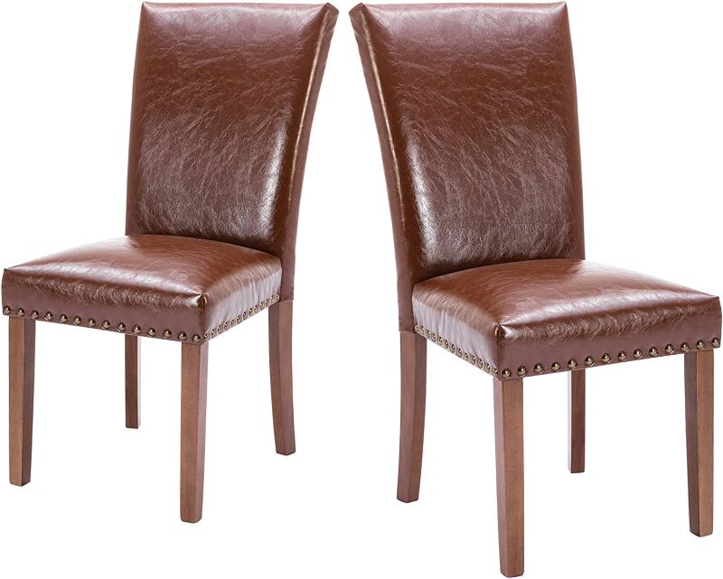 Photo 1 of **DAMAGED** COLAMY Upholstered Parsons Dining Chairs Set of 2, PU Leather Dining Room Kitchen Side Chair with Nailhead Trim and Wood Legs - Light Brown
