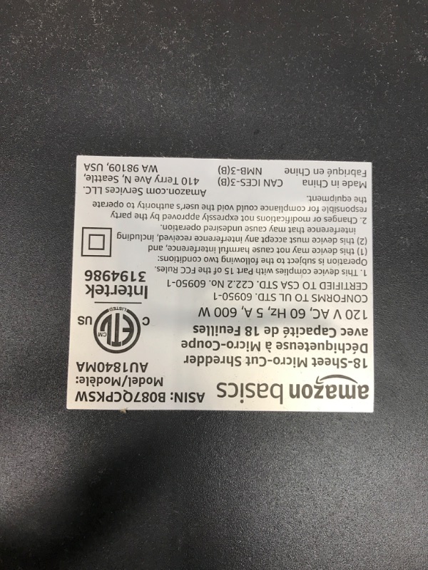 Photo 4 of **NONFUNCTIONAL OVERHEATS** Amazon Basics 18-Sheet Micro-Cut Paper, CD, and Credit Card Shredder 18 Sheet Shredder