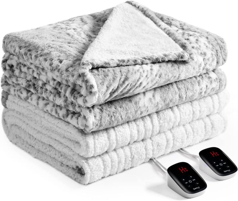 Photo 1 of Bearhug Electric Heated Blanket Queen Size 84" x 90", 5-Year Warranty, Dual Controllers, Reversible Faux Fur & Sherpa, 10 Heating Levels & 1-12H Auto Off, Over-Heat Protect, ETL, Machine Washable