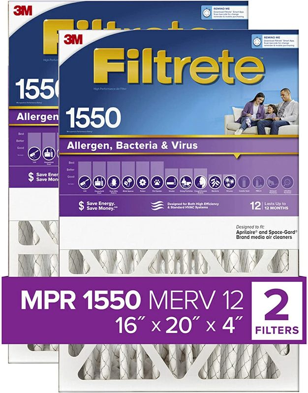 Photo 1 of 
Filtrete 16x20x4 Air Filter MPR 1550 DP MERV 12, Healthy Living, 2 Pack, Fits Lennox & Honeywell Devices (exact dimensions 15.68 x 19.68 x 3.81)
