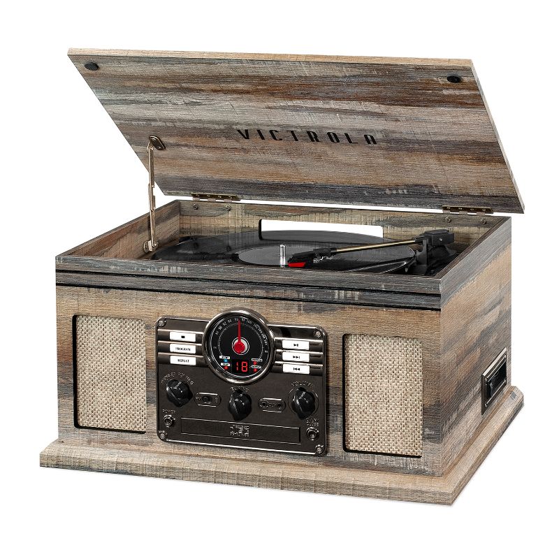 Photo 1 of Victrola Nostalgic 6-in-1 Bluetooth Record Player & Multimedia Center & Cassette Player, AM/FM Radio | Wireless Music Streaming | Farmhouse Shiplap Grey & Wooden Record Crate, Wood Color Farmhouse Shiplap Grey Entertainment Center + Record
