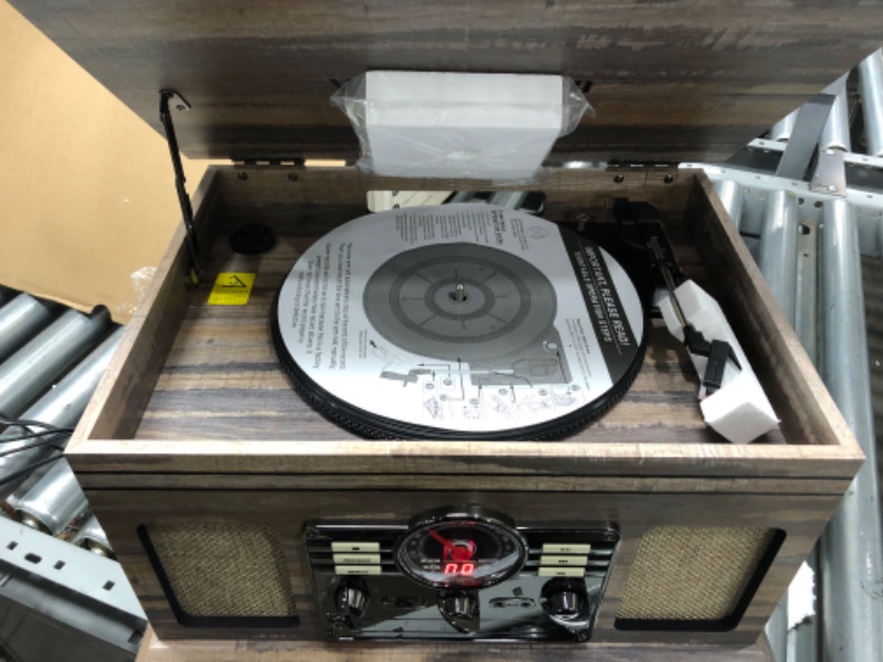 Photo 3 of Victrola Nostalgic 6-in-1 Bluetooth Record Player & Multimedia Center & Cassette Player, AM/FM Radio | Wireless Music Streaming | Farmhouse Shiplap Grey & Wooden Record Crate, Wood Color Farmhouse Shiplap Grey Entertainment Center + Record