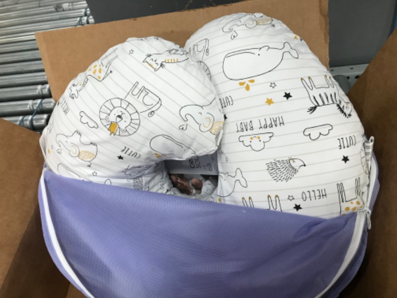 Photo 2 of Boppy Nursing Pillow and Positioner - Original, Notebook Black and White with Gold Animals, Breastfeeding, Bottle Feeding, Baby Support, with Removable Cotton Blend Cover, Awake-Time Support