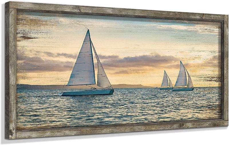 Photo 1 of **BROKEN IN THE CENTER**
Ocean Framed Wooden Wall Art: Coastal Painting Art 40"x20" Sail Boats Artwork Decor Sunset Seascape Picture Prints for Office
