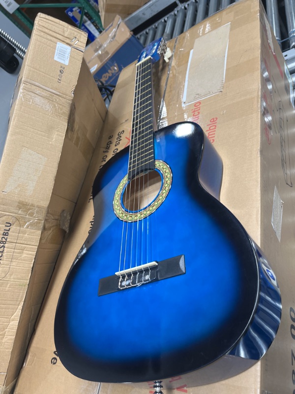 Photo 3 of **MISSING ACCESSORIES**
Beginner 36” Classical Acoustic Guitar - 3/4 Junior Size 6 String Linden Wood Guitar w/ Gig Bag, Tuner, Nylon Strings, Picks, Strap, For Beginners, Adults - Pyle PGACLS82BLU (Blue Burst) Blue Fade Blue Fade Guitar