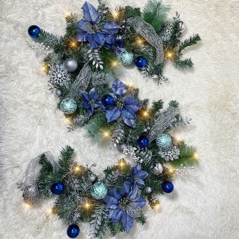 Photo 1 of 
Christmas Garland with LED Lights Battery Operated, 6FT Green Garland with Blue Flower and Ball Ornament, Artificial Pine Needles, for Christmas Decorations