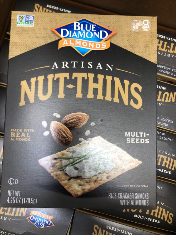 Photo 2 of **BBD: FEB 12 2023**
Blue Diamond Almonds Artisan Nut Thins Cracker Crisps, Multi-Seeds, 4.25 Ounce (Pack of 12)
