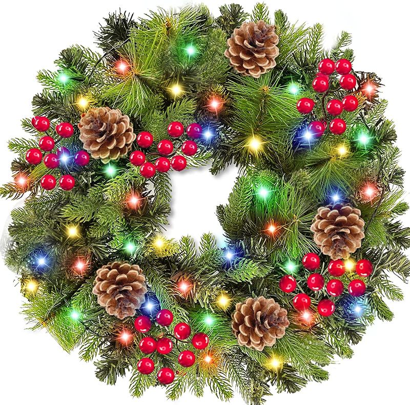 Photo 1 of ***TESTED***POWERED ON**[ Very Thick & Realistic Feel ] 18 Inch Prelit Artificial Christmas Wreath for Front Door Timer 40 Lights 5 Pinecones 30 Red Berries 160 Branches Battery Operated Christmas Decorations Indoor Outdoor
