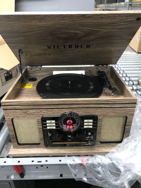 Photo 2 of ***TESTED**POWERED ON**Victrola Nostalgic 6-in-1 Bluetooth Record Player & Multimedia Center with Built-in Speakers - 3-Speed Turntable, CD & Cassette Player, AM/FM Radio | Wireless Music Streaming | Farmhouse Oatmeal Farmhouse Oatmeal Entertainment Cente