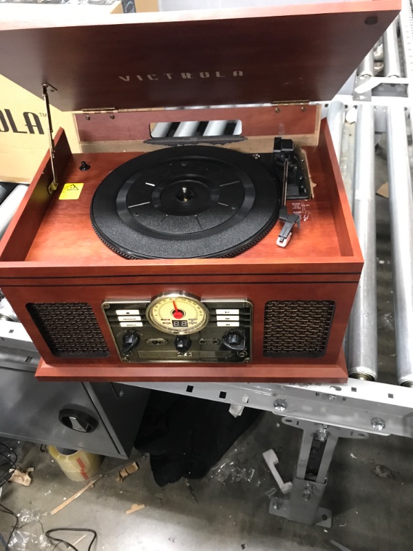 Photo 2 of ***BACK PANEL NEEDS GLUE*** Victrola Nostalgic 6-in-1 Bluetooth Record Player & Multimedia Center with Built-in Speakers - 3-Speed Turntable, CD & Cassette Player, FM Radio | Wireless Music Streaming | Mahogany Mahogany Entertainment Center