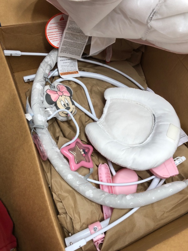 Photo 1 of Bright Starts Minnie Mouse Rosy Skies Baby Bouncer with Vibrating Infant Seat, Music & 3 Playtime Toys, 23x19x23 Inch (Pink)

