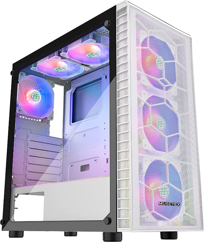 Photo 1 of MUSETEX Mesh ATX Mid-Tower Computer Cases with 6 PCS × 120mm LED ARGB Fans & USB 3.0 Port PC Gaming Case(White, G06N6-WW)