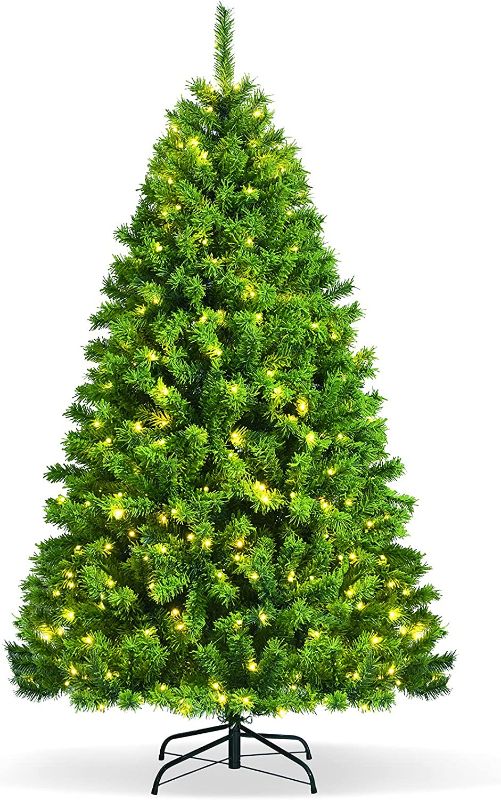 Photo 1 of 6.5ft Pre-lit Christmas Tree, Hinged Artificial Pine Tree w/ 370 Warm LED Lights, 924 Branches Tips, Foldable Metal Stand, Lifelike Green Flocked Xmas Tree for Indoor Festival Celebration