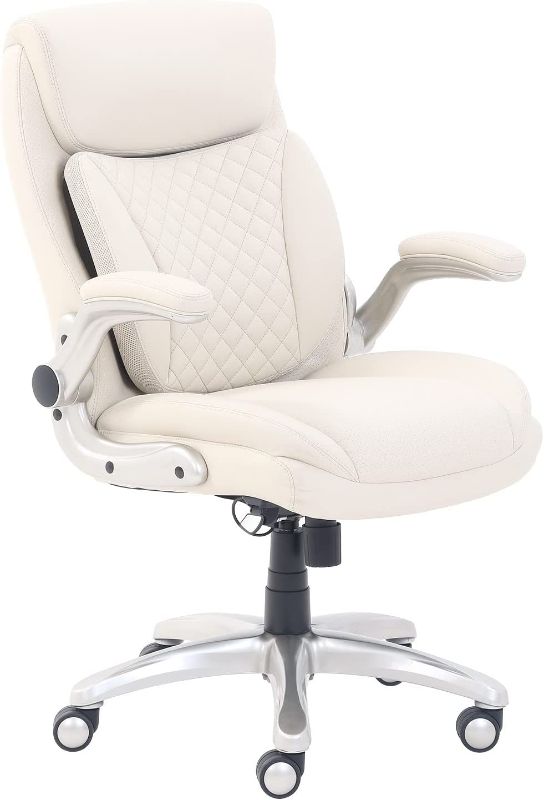 Photo 1 of AmazonCommercial Ergonomic Executive Office Desk Chair with Flip-up Armrests and Adjustable Height, Tilt and Lumbar Support, Cream Bonded Leather