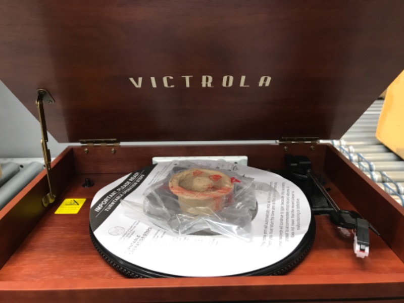 Photo 4 of Victrola Nostalgic 6-in-1 Bluetooth Record Player & Multimedia Center with Built-in Speakers - 3-Speed Turntable, CD & Cassette Player, FM Radio | Wireless Music Streaming | Mahogany Mahogany Entertainment Center