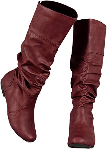 Photo 1 of Syktkmx Womens Slouchy Flat Knee High Boots Wide Calf Pull On Fall Winter Motorcycle Boots- size 8 