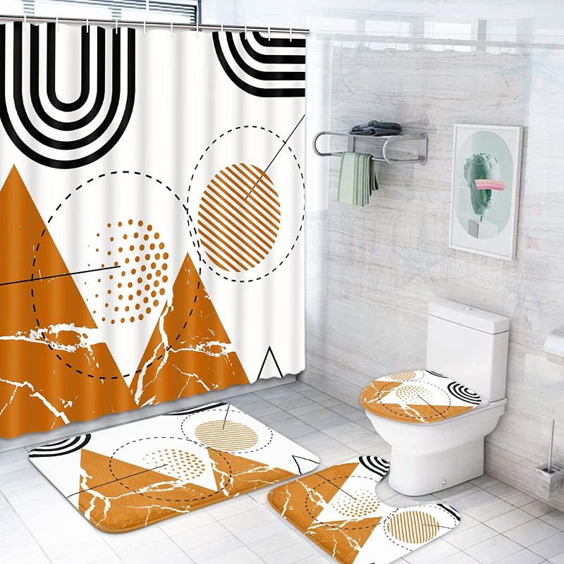 Photo 1 of Alishomtll 4Pcs Abstract Geometric Shower Curtain Sets with Non-Slip Rugs, Toilet Lid Cover and Bath Mat, Modern Boho Shower Curtains with 12 Hooks, Mid Century Shower Curtain for Bathroom Decor