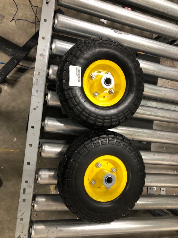 Photo 2 of 2 pack---10-Inch Solid Rubber Tires and Yellow Wheels-Replacement 4.10/3.50-4”Tires and Wheels with 5/8” Axle Bore Hole, 2.17”Offset Hub, and Double Sealed Bearings-Perfect for Gorilla Carts…
