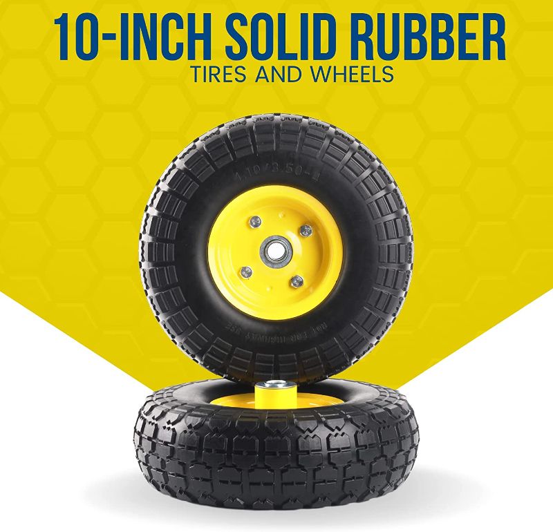 Photo 1 of 2 pack---10-Inch Solid Rubber Tires and Yellow Wheels-Replacement 4.10/3.50-4”Tires and Wheels with 5/8” Axle Bore Hole, 2.17”Offset Hub, and Double Sealed Bearings-Perfect for Gorilla Carts…
