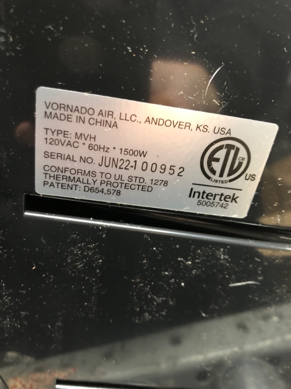 Photo 2 of *Nonfunctional-Parts Only* Vornado MVH Vortex Heater with 3 Heat Settings, Adjustable Thermostat, Tip-Over Protection, Auto Safety Shut-Off System, Whole Room, Black