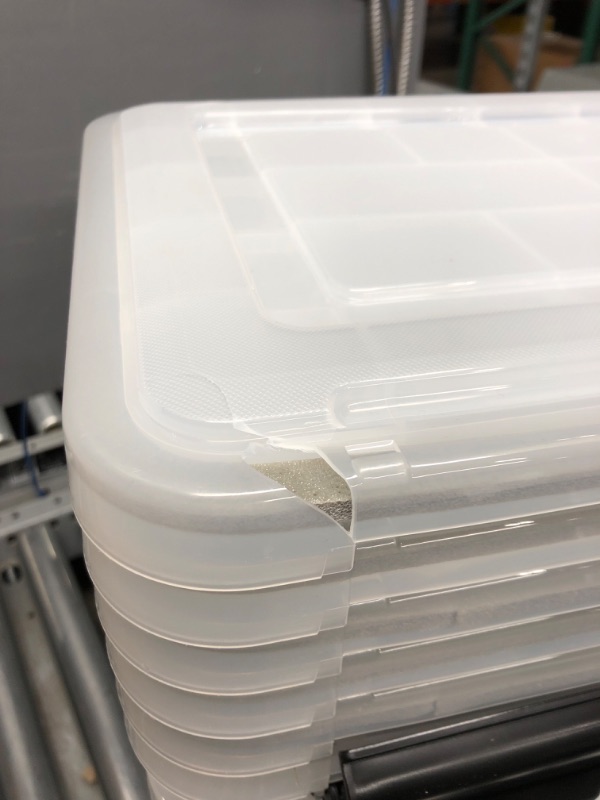 Photo 5 of *Damage to 2 Lids and 1 Bin-See Last Photos* IRIS USA 19 Quart WEATHERPRO Plastic Storage Box with Durable Lid and Seal and Secure Latching Buckles, Weathertight, Clear with Black Buckles, 6 Pack 19 Qt. - 6 Pack