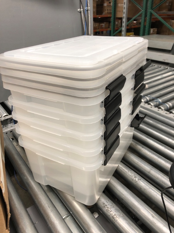 Photo 2 of *Damage to 2 Lids and 1 Bin-See Last Photos* IRIS USA 19 Quart WEATHERPRO Plastic Storage Box with Durable Lid and Seal and Secure Latching Buckles, Weathertight, Clear with Black Buckles, 6 Pack 19 Qt. - 6 Pack