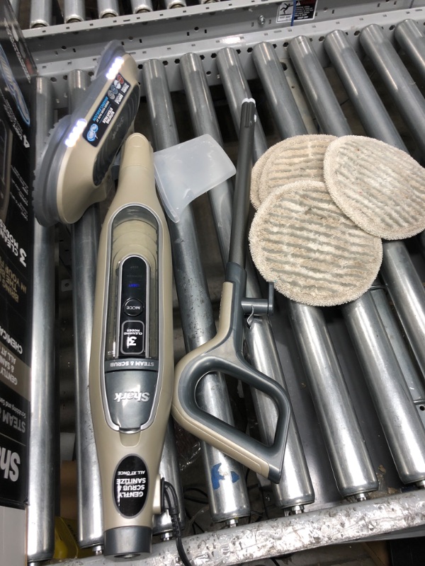 Photo 3 of *Tested-Water Residue* Shark S7001 Mop, Scrub & Sanitize at The Same Time, Designed for Hard Floors, with 4 Dirt Grip Soft Scrub Washable Pads, 3 Steam Modes & LED Headlights, Gold, 13.7 in L x 6.75 in W x 46.5 in H Gold 3 Steam Modes /LED Headlights