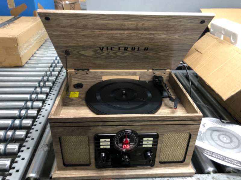 Photo 2 of *Tested* Victrola Nostalgic 6-in-1 Bluetooth Record Player & Multimedia Center with Built-in Speakers - 3-Speed Turntable, CD & Cassette Player, AM/FM Radio | Wireless Music Streaming | Farmhouse Oatmeal Farmhouse Oatmeal Entertainment Center