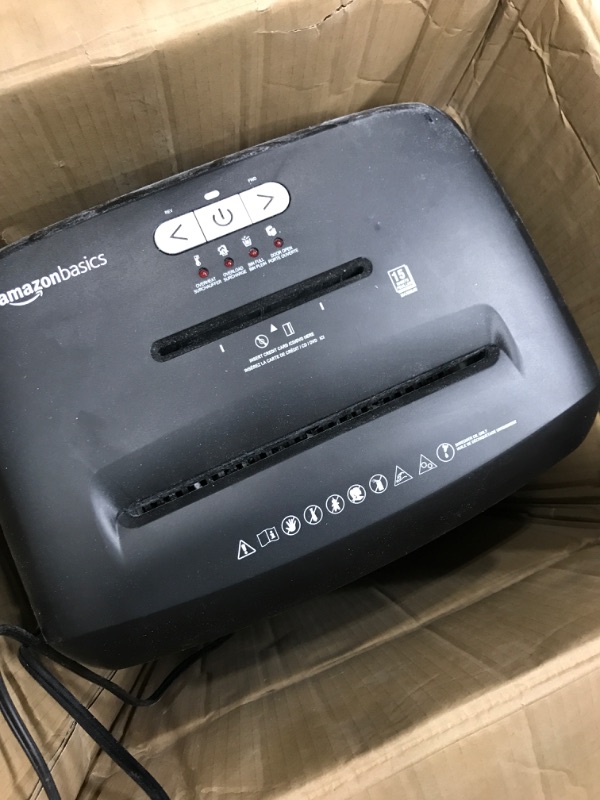 Photo 1 of used
tested :turns on 
Amazon Basics 15-Sheet Cross Cut Paper Shredder and Credit Card CD Shredder with 6 Gallon Bin 15 Sheet - new model Shredder