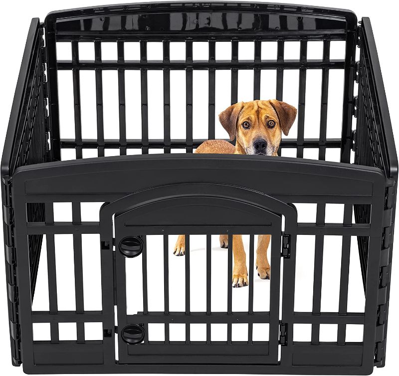 Photo 1 of ** CRACKED ** IRIS USA 24" Exercise 4-Panel Pet Playpen with Door, Dog Playpen, Puppy Playpen, for Small and Medium Dogs, Keep Pets Secure, Easy Assemble, Fold It Down, Easy Storing, Customizable, Black
