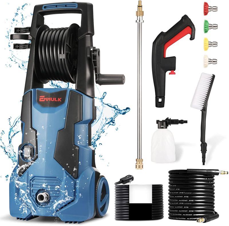 Photo 1 of  
Enhulk Electric Pressure Washer, 2300 Max PSI 2.6 GPM Power Washer with Hose Reel, 33 FT Pressure Hose, 36 FT Power Cord, 4 Nozzles Foam Cannon, 1800W Cleaner Machine for Car, Home, Driveway, Patio
