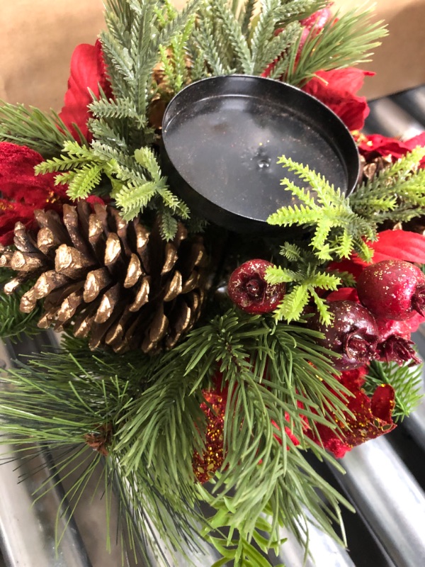 Photo 2 of 12 Inch Christmas Candle Ring with Pine Cones, Red Ornaments and Artificial Mixed Pine