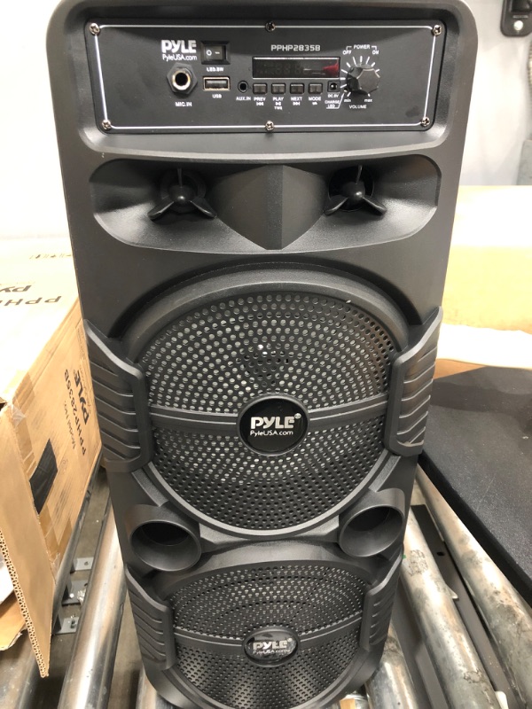 Photo 2 of Pyle Portable Bluetooth PA Speaker System - 600W Rechargeable Outdoor Bluetooth Speaker Portable PA System w/ Dual 8” Subwoofer 1” Tweeter, Microphone In, Party Lights, USB, Radio, Remote - PPHP2835B