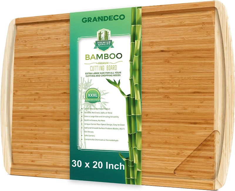 Photo 1 of 30 x 20 Extra Large Bamboo Cutting Board XXXL for Kitchen with Juice Groove Pour Spout & Handles and Heavy Kitchen Chopping Carving Board for Meat, Turkey, BBQ, Vegetables