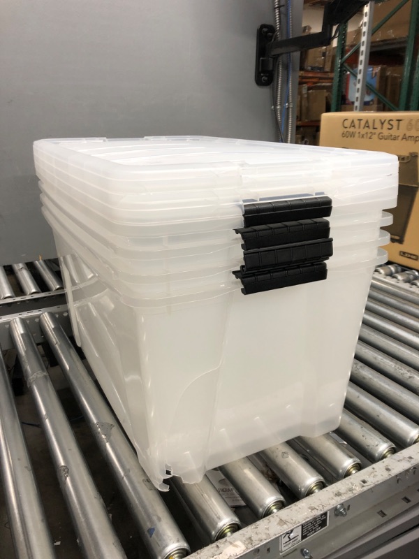 Photo 2 of (MAJOR DAMAGE)   IRIS USA 72 Qt. Plastic Storage Bin Tote Organizing Container with Durable Lid and Secure Latching Buckles, Stackable and Nestable, 4 Pack, clear with Black Buckle g) 72 Qt. - 4 Pack